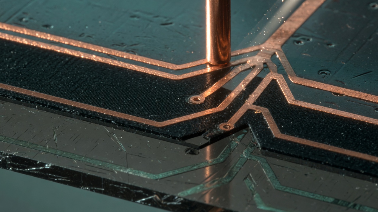 Cross-section of a multilayer circuit board, a single copper via fanning into three parallel traces across distinct strata.